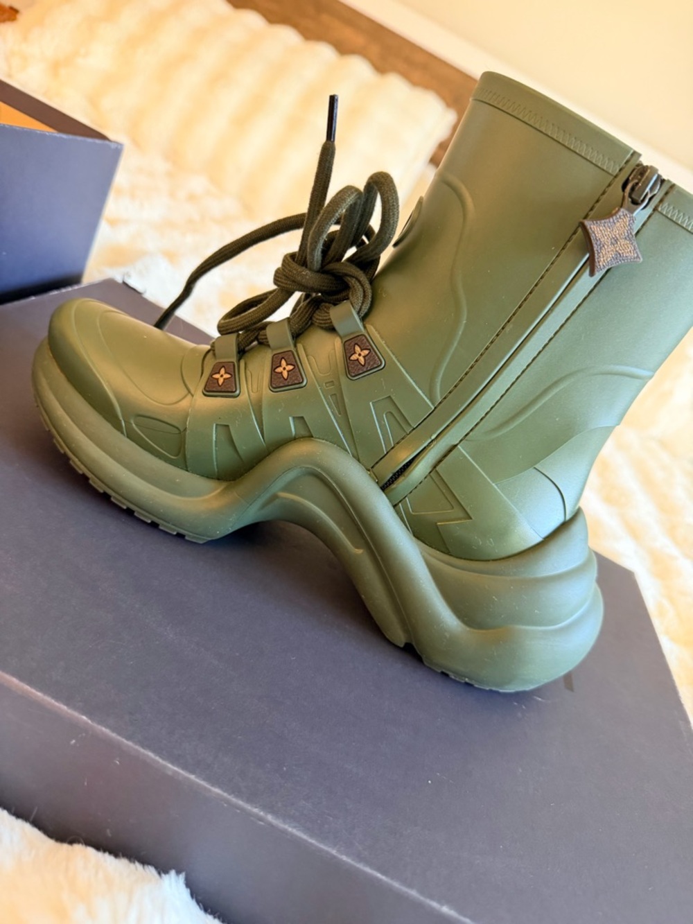 Louis Vuitton Olive Green Lace-Up Platform Boot